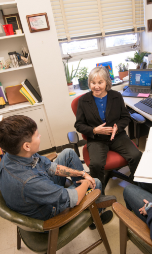 advisor and students in office
